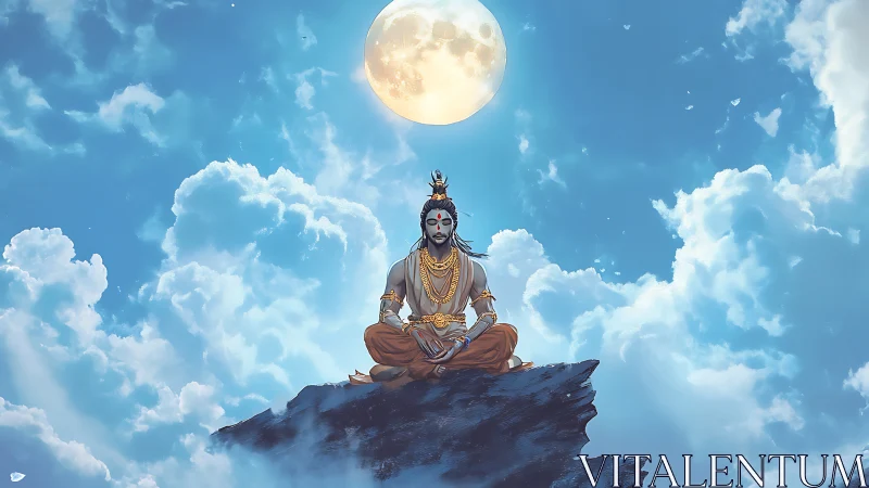 Meditating deity sits on mountain peak beneath full moon