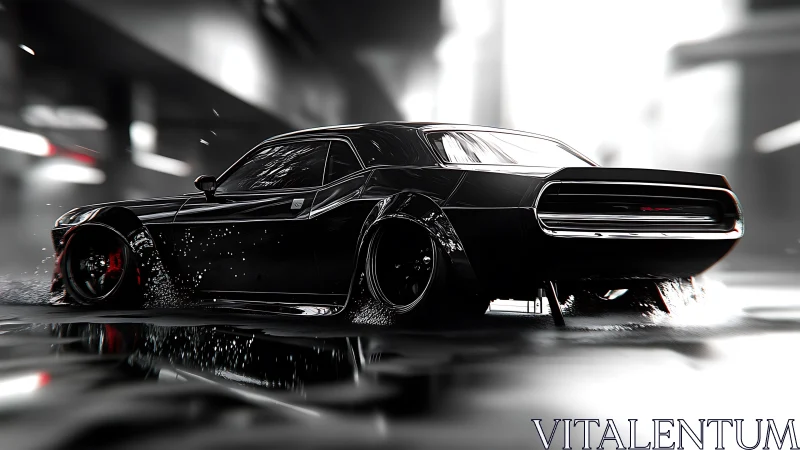 Black muscle car drifts through wet neon tunnel at speed.