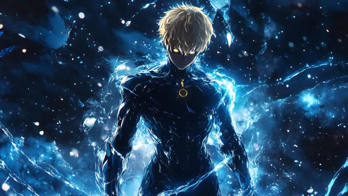 Electric humanoid figure in blue energy field, frontal view.