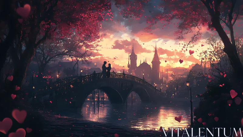 Romantic Bridge Beneath Glowing Sunset and Pink Blossoms.