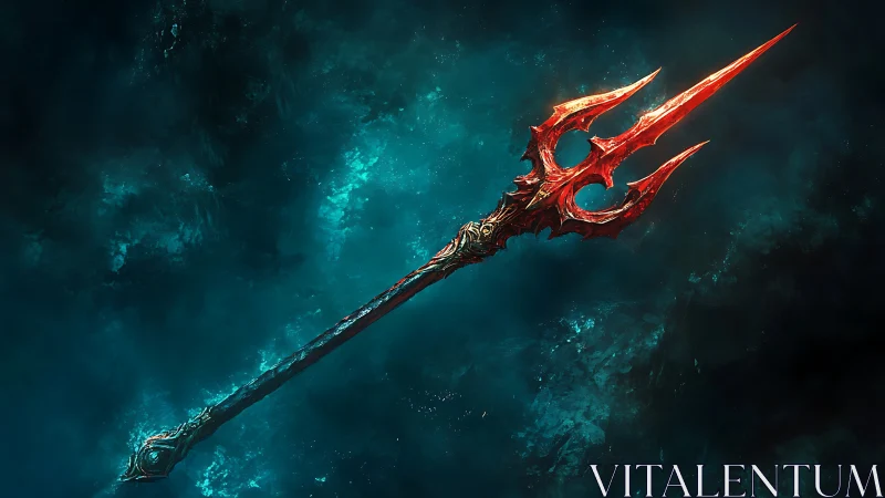 Fiery red trident drifts in a deep, mysterious blue void
