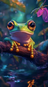Wide-eyed jungle frog quietly reigns over neon twilight pond