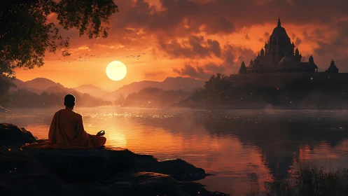 Sunset temple listens quietly while monk polishes silence