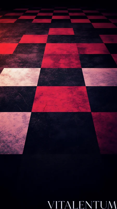 Moody red checkerboard floor fading into soft darkness.