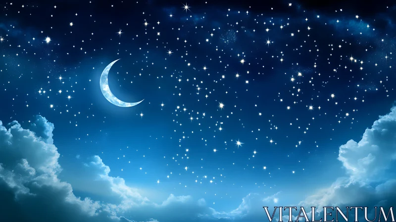 Luminous crescent and stellar scatterfield above cloud strata.