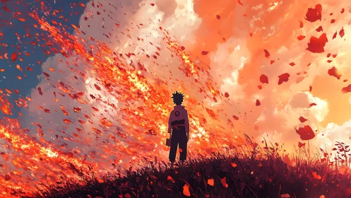 Lone figure observes blazing sky erupting with fiery leaves