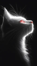 White Cat Profile with Glowing Red Eyes Against Dark Background