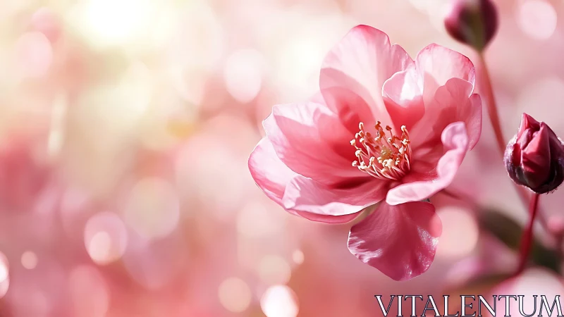 Pink Peony Flower with Central Stamen and Buds