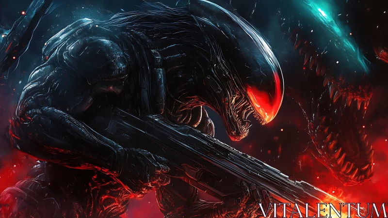 Armored alien creature with rifle in red blue nebula glow.