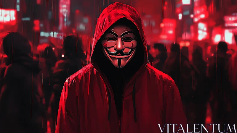 Hooded masked figure in neon-red cyberpunk city rain scene.