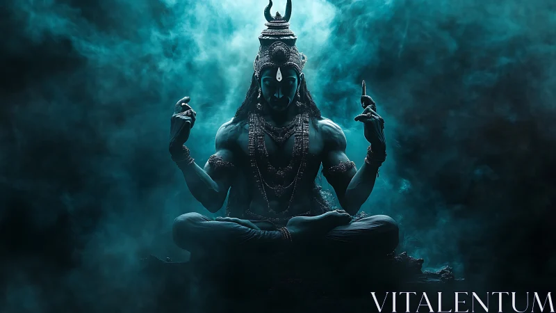 Blue divine figure in meditative pose amid teal smoke.