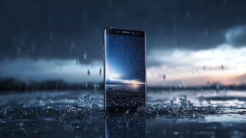 Smartphone submerged in water with atmospheric sky displayed.