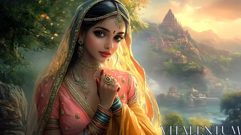 Regal Indian bride in ornate sari before luminous hill temple