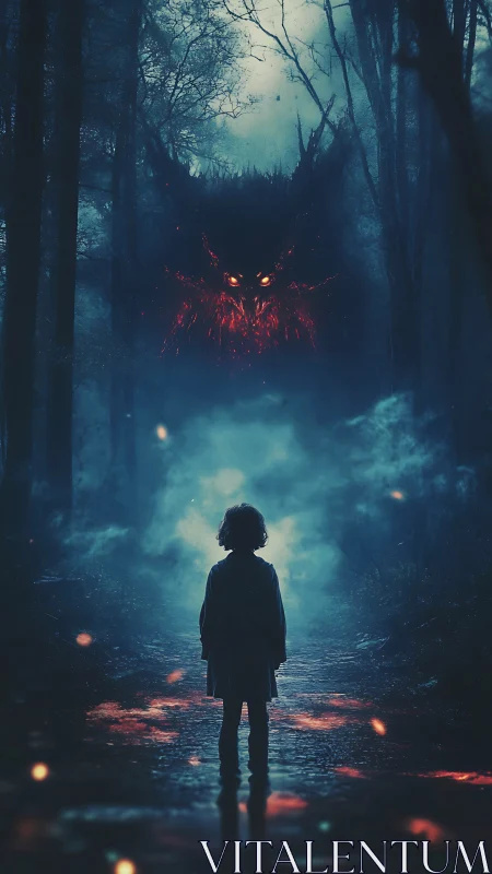 Child confronting ember-eyed forest demon in misty night.