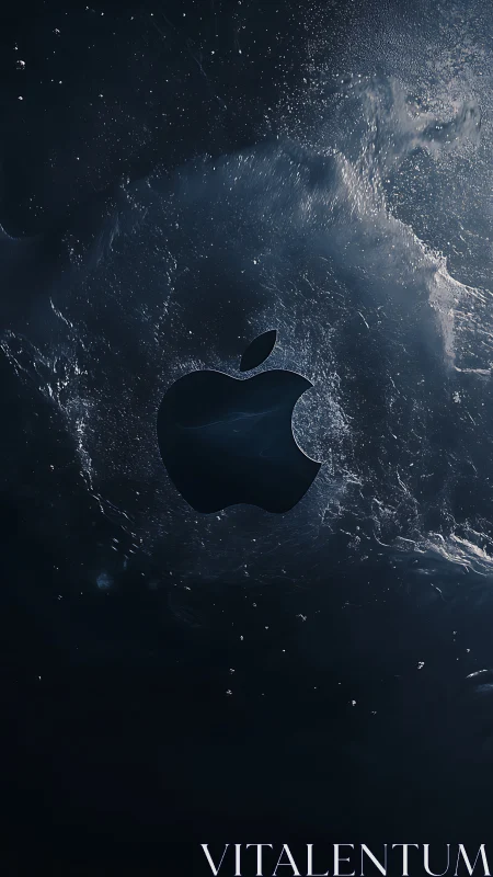 Midnight apple emblem swirling in galactic dark water.