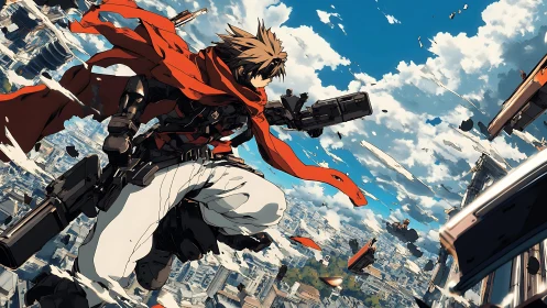 Armored figure with rifle above dense futuristic skyline.