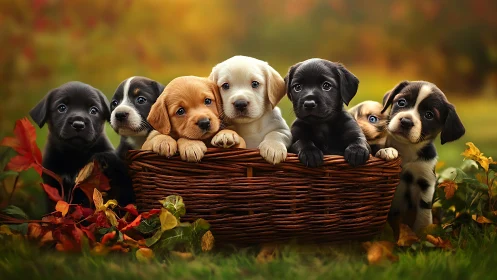 Autumnal wicker basket array of multicolored puppy portraits.