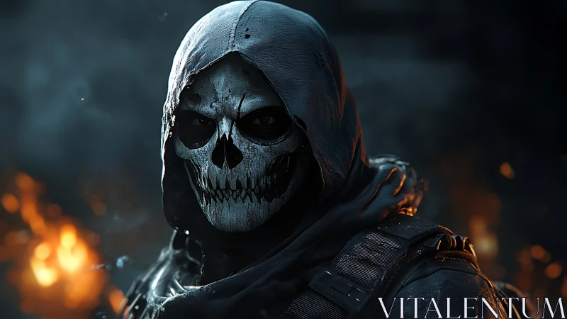 Hooded skull-masked warrior glares through drifting battlefield fire