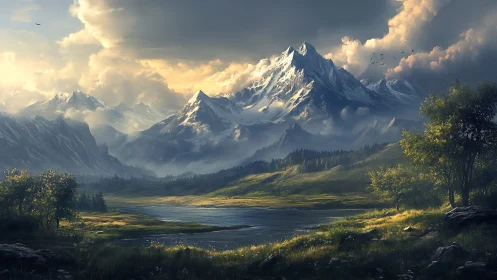 Snowy mountain range over calm river valley at sunset.