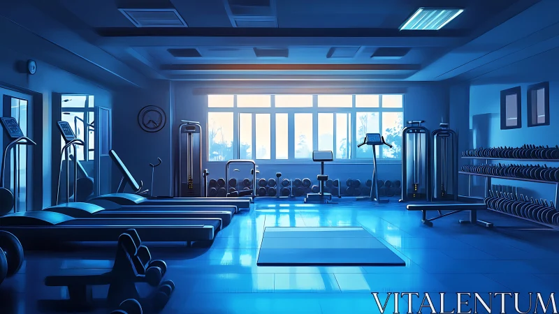 Modern sunlit gym interior with cool blue atmosphere.