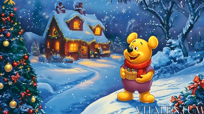 Cartoon bear holding gift in illuminated snowy Christmas landscape