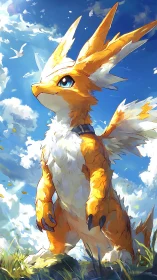 Sky-bright guardian creature greets the wind with quiet pride