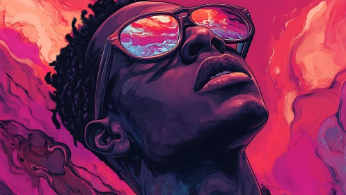 Chromatic portrait with reflective eyewear in neon gradients.