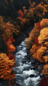 River of restless foam beneath blazing autumn crowns.
