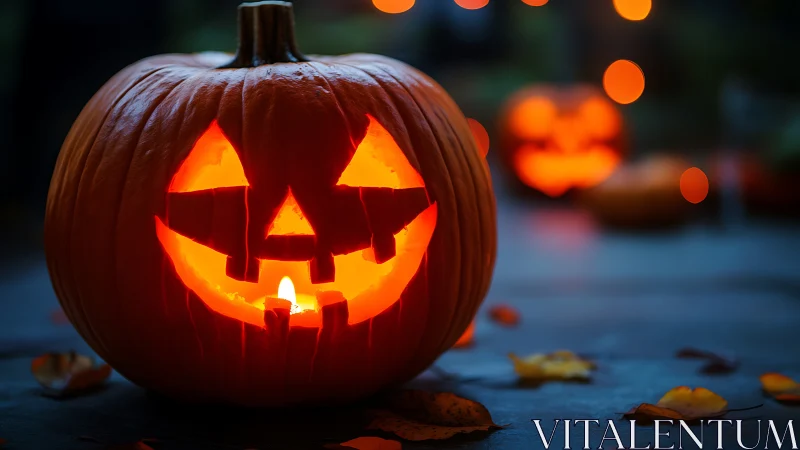 Jack-o-lantern grin glows bright in moody Halloween twilight.