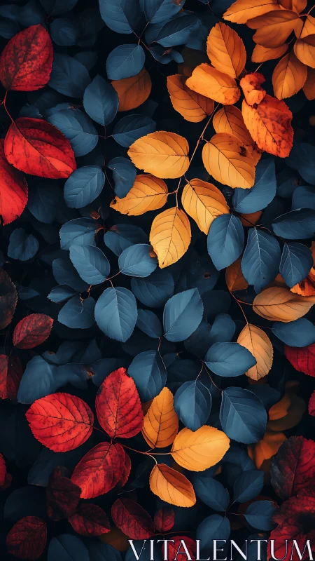 Color blocked autumn foliage in red, gold, and blue leaves.
