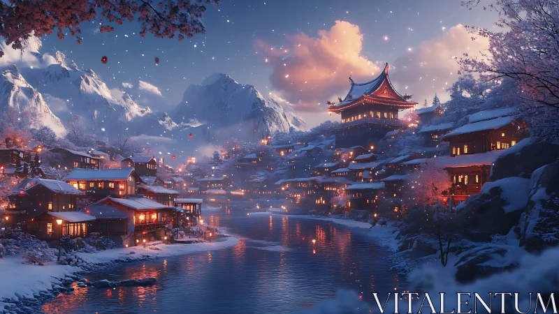 Snowlit riverside village glows beneath twilight mountain skies