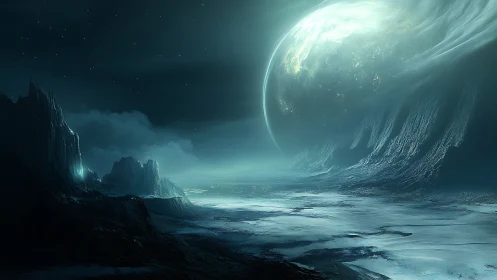 Frozen exoplanet valley under luminous gas giant horizon