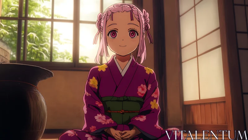 Kimono-clad girl lets sunrise pour gently into her smile
