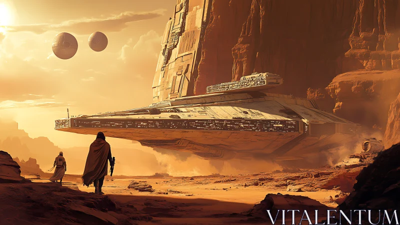 Massive desert star cruiser hovering beside eroded sandstone cliffs