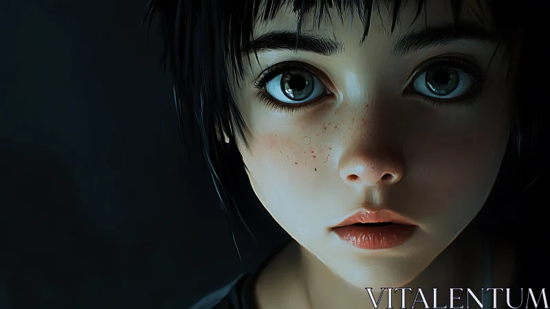 Digital portrait shows wide-eyed girl in moody close-up