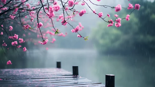 Pink Blossoms Weep Over Rainy Dock Dreams
