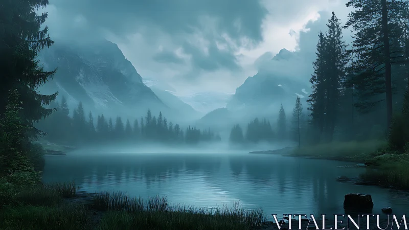 Moody alpine lake with misted conifers in digital painting style.