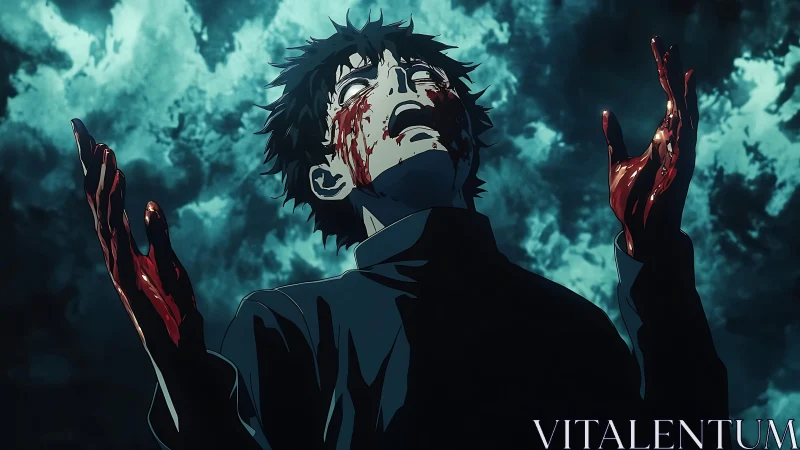 Bloody anime figure under stormy sky in brutal anguish.