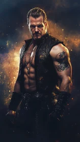 Warrior stands in fiery haze with intense, battle-ready stare.