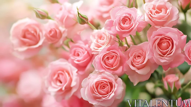 High-key macro study of blooming pastel pink rose cluster