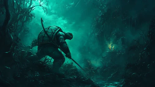 Brave turtle warrior steps into a glowing forest quest.