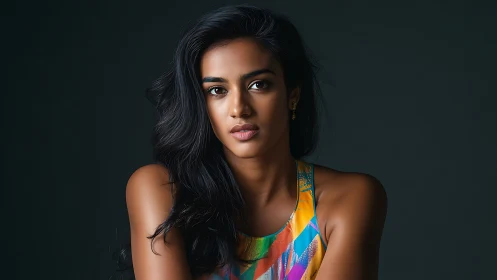 Portrait of a woman in vibrant attire, modern studio photography.