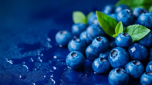 Photorealistic wet blueberries with leaves on deep blue surface.