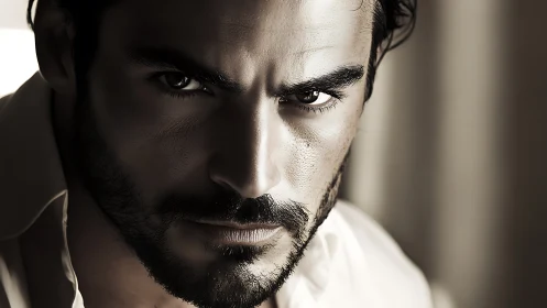 Close-up portrait of man with beard in neutral lighting.