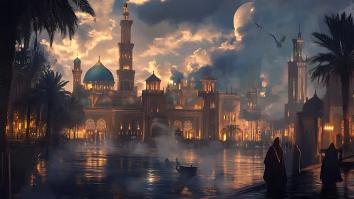 Moonlit riverside palace city glows with quiet magic tonight.