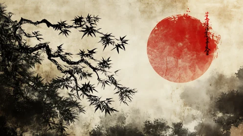 Ink-soaked bamboo leans toward a weathered crimson sun’s hush