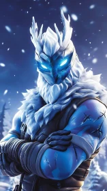 Frost-armored warrior stands defiant in a swirling blizzard.