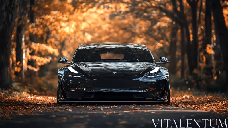 Black electric sedan on forest road amid autumn foliage.