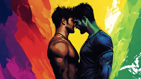 Digital illustration depicting two male figures in intimate confrontation against rainbow spectrum g