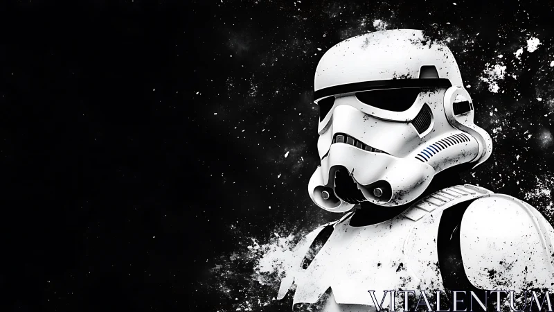 Stormtrooper armor portrait against dark splattered background.